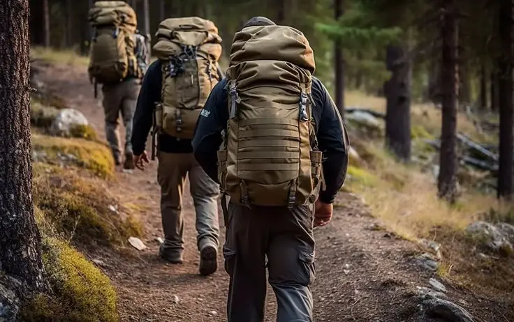 Hombres caminando por camino en la montaña con mochilas.